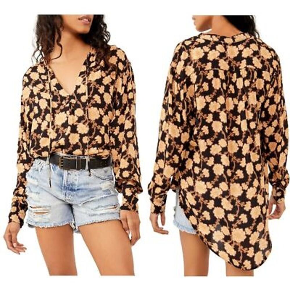 Free People Mia Retro Flowy Festival Floral Black Tan Tie Neck Tunic Shirt Small